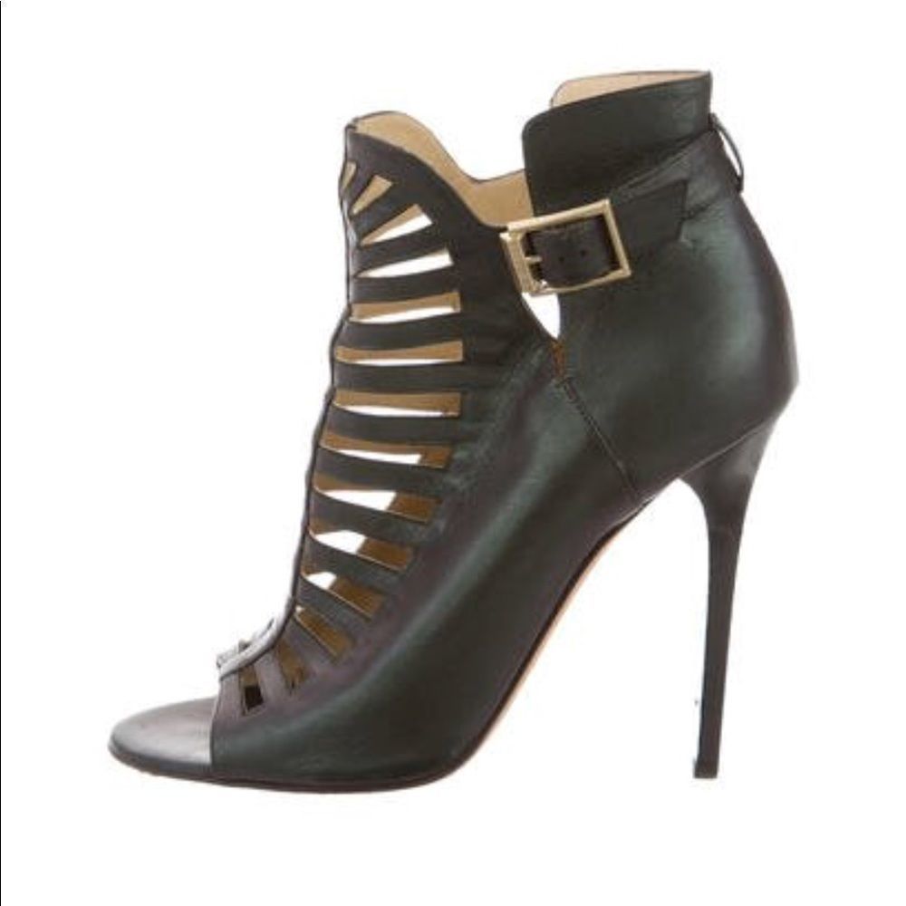 Metallic green leather Jimmy Choo peep-toe ankle